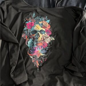 SHEIN Black Off the Shoulder  Long Sleeve Top with Skull and Floral Design